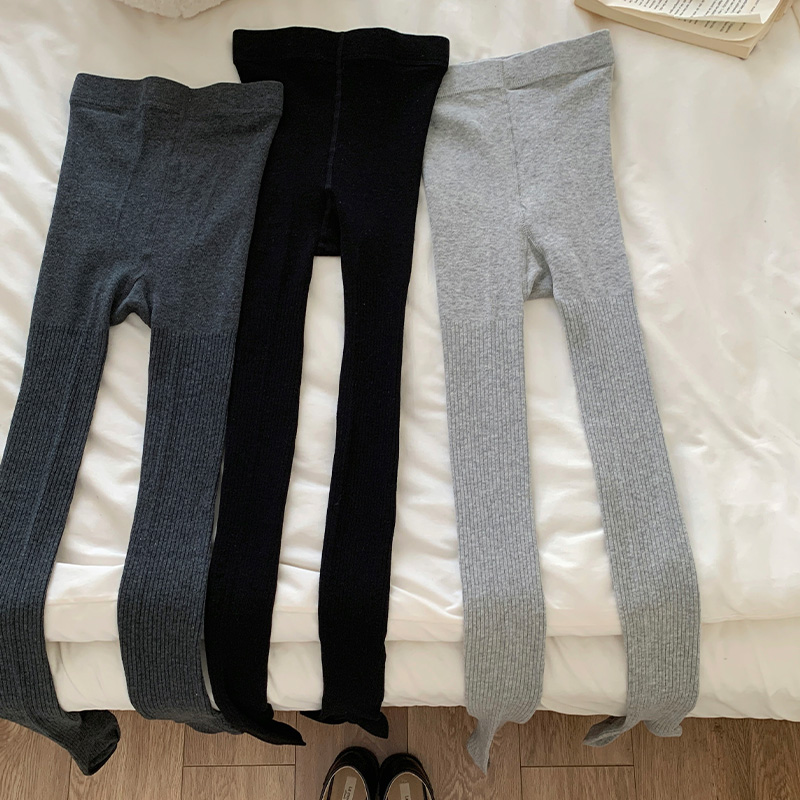 韩版气质黑灰色格雷系学院风连裤袜春秋季配小皮鞋显瘦竖纹打底裤