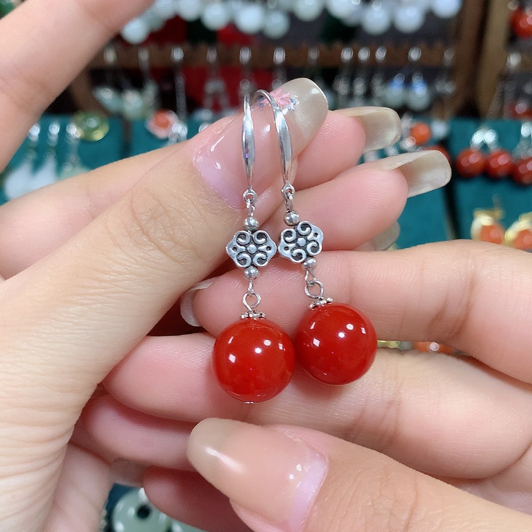 玛瑙/玉髓耳饰银S925镶嵌天然红玛瑙12mm左右（锦红）