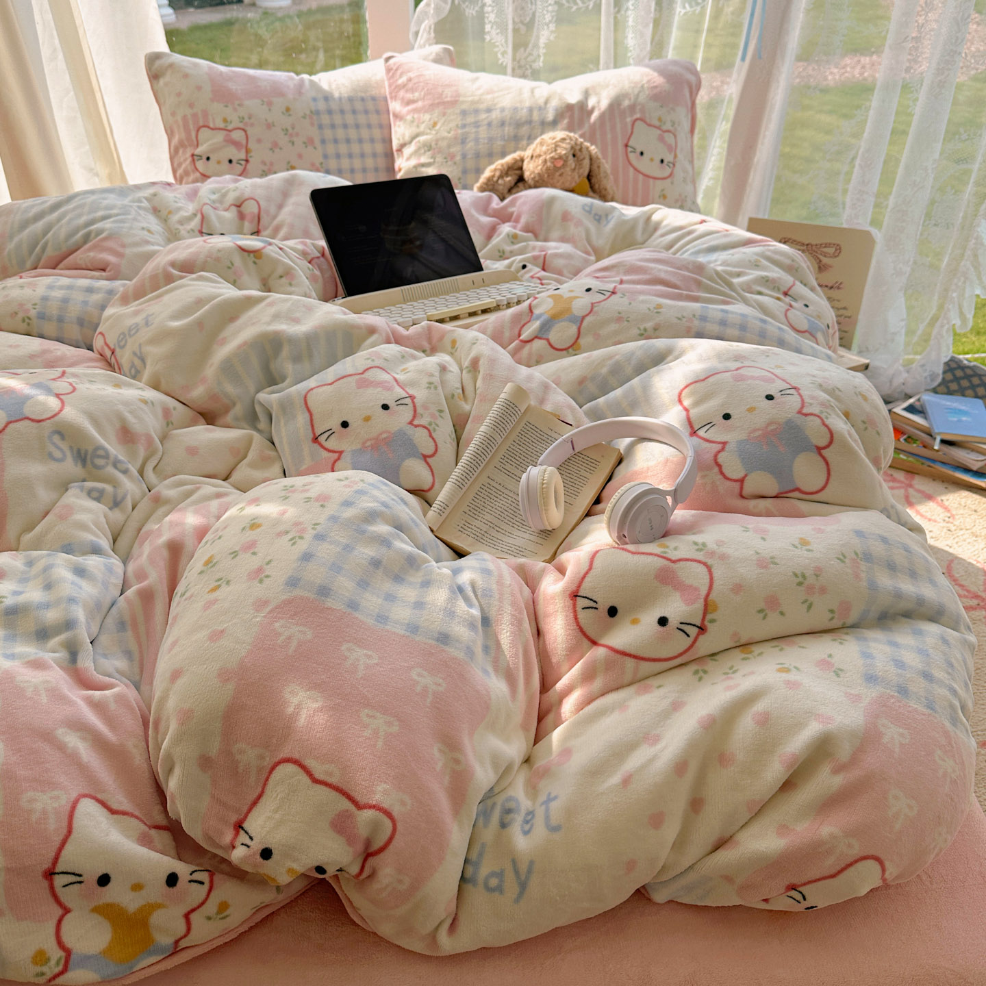 可爱ins风冬季牛奶绒被套四件套床上用品双面绒加厚被罩床单床笠