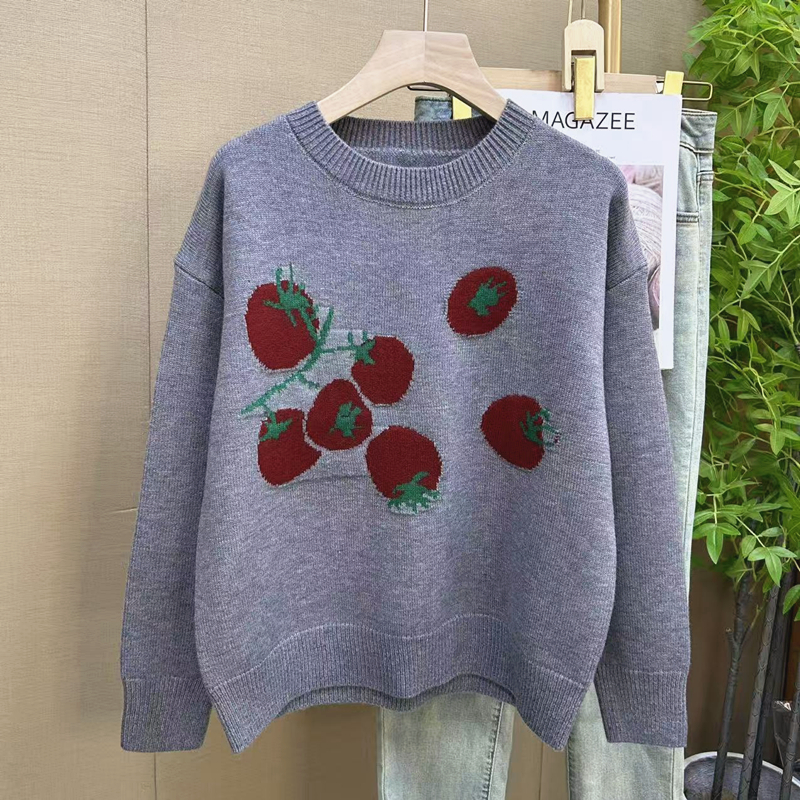 柿柿~如意精美提花圆领长袖宽松毛衣女套头休闲减龄韩系慵懒上衣