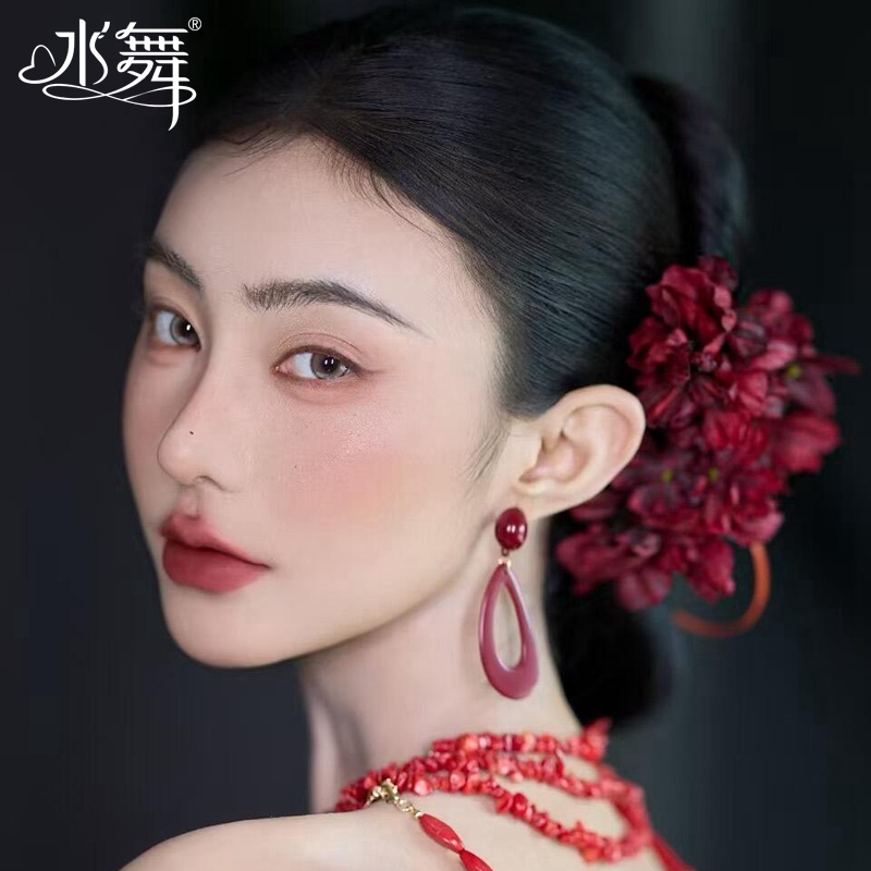 水舞U2100网红玫红色花朵新中式新娘发饰晨袍旗袍古典新娘头花