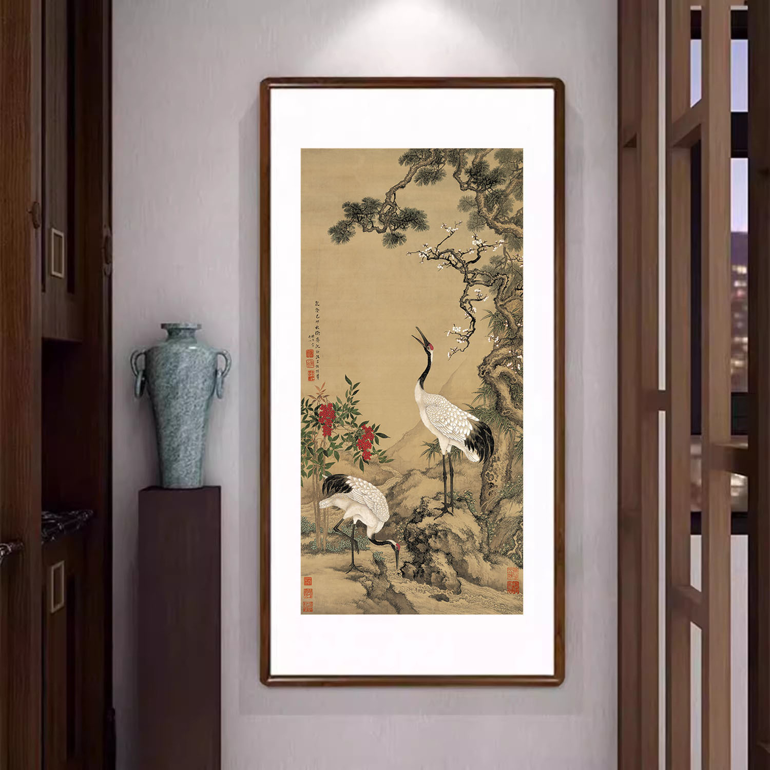 国画松梅双鹤图古代名画新中式装饰画客厅正对门玄关挂画餐厅壁画