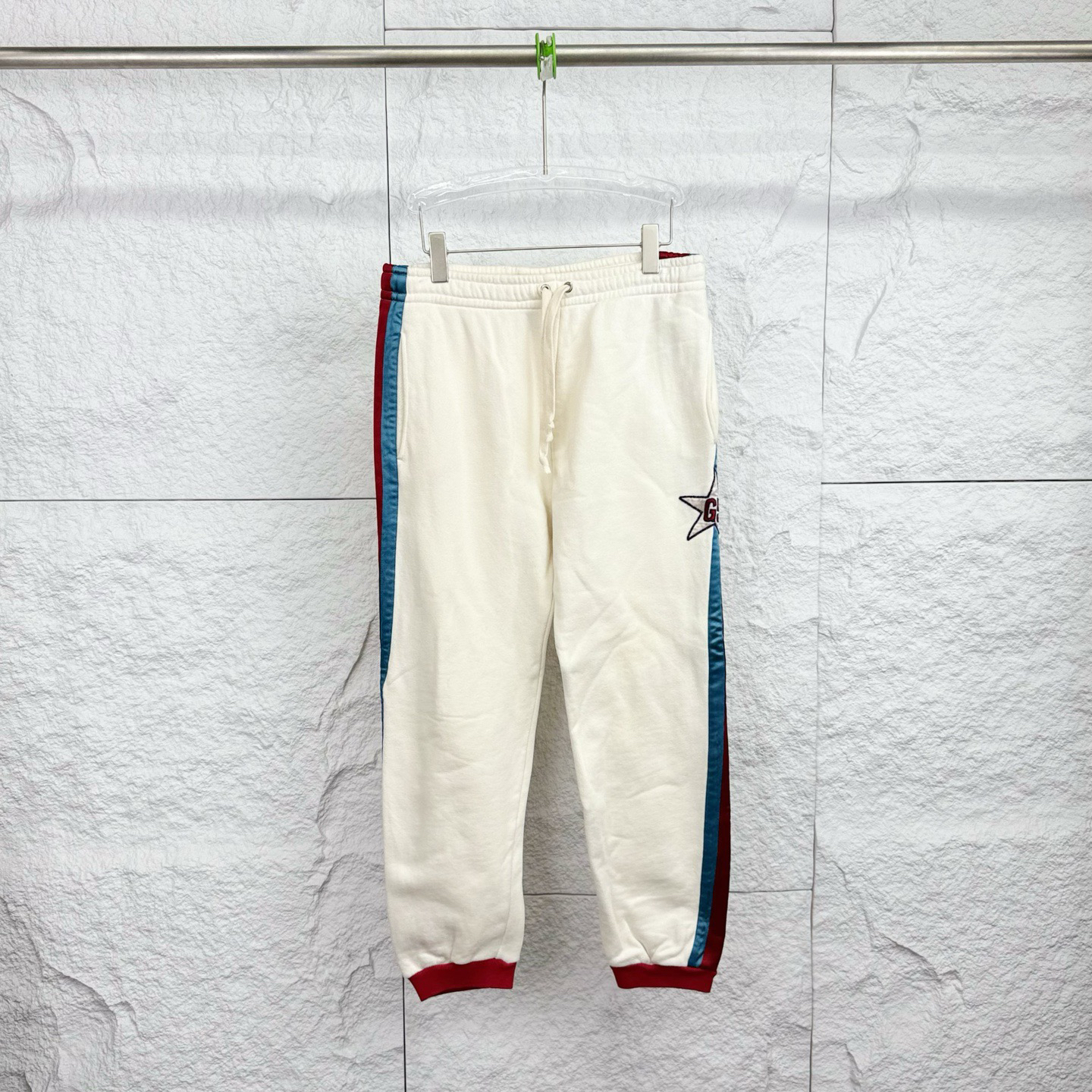 99新 GUCCI/古驰 S码/白色侧条纹抽绳束脚针织运动裤/18494595