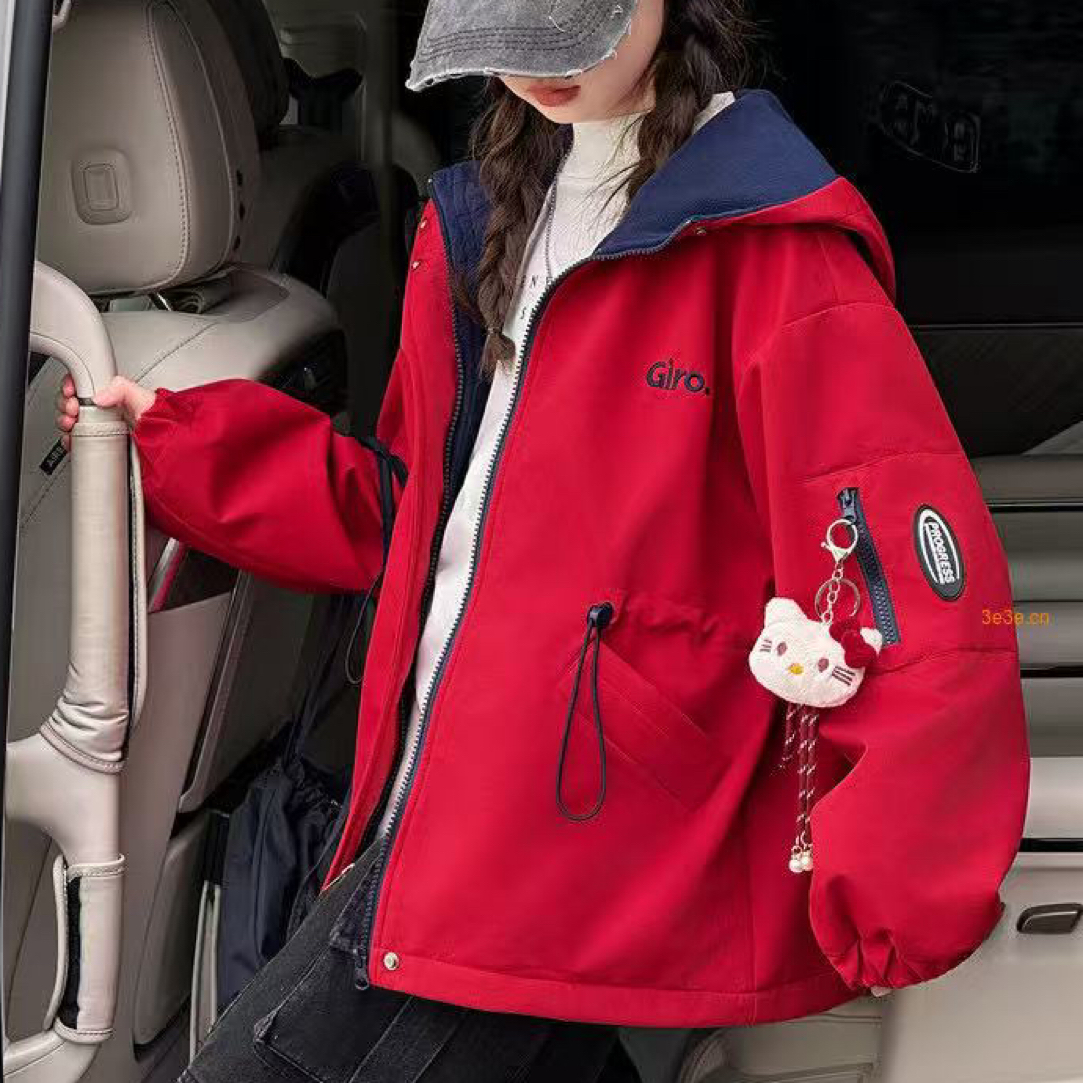 女童秋冬加绒连帽冲锋衣韩版宽松中大童两面穿夹克外套