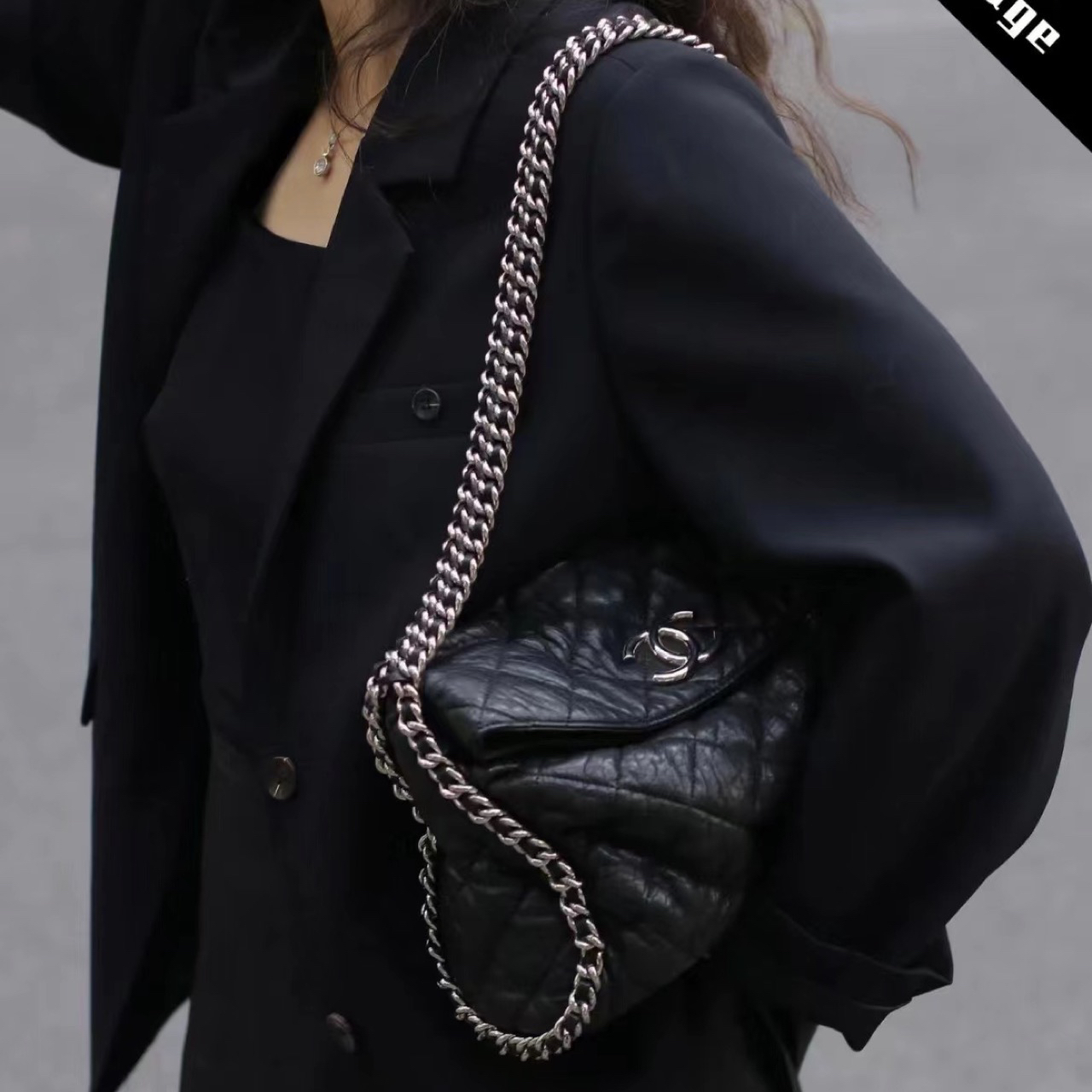 95新 Chanel/香奈儿  4399 Chanel 黑银链条滚边嬉皮风hobo机场