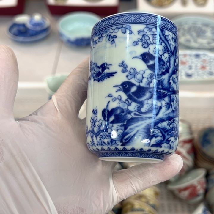 瓷片白青花喜上眉梢直筒杯可乐主人杯