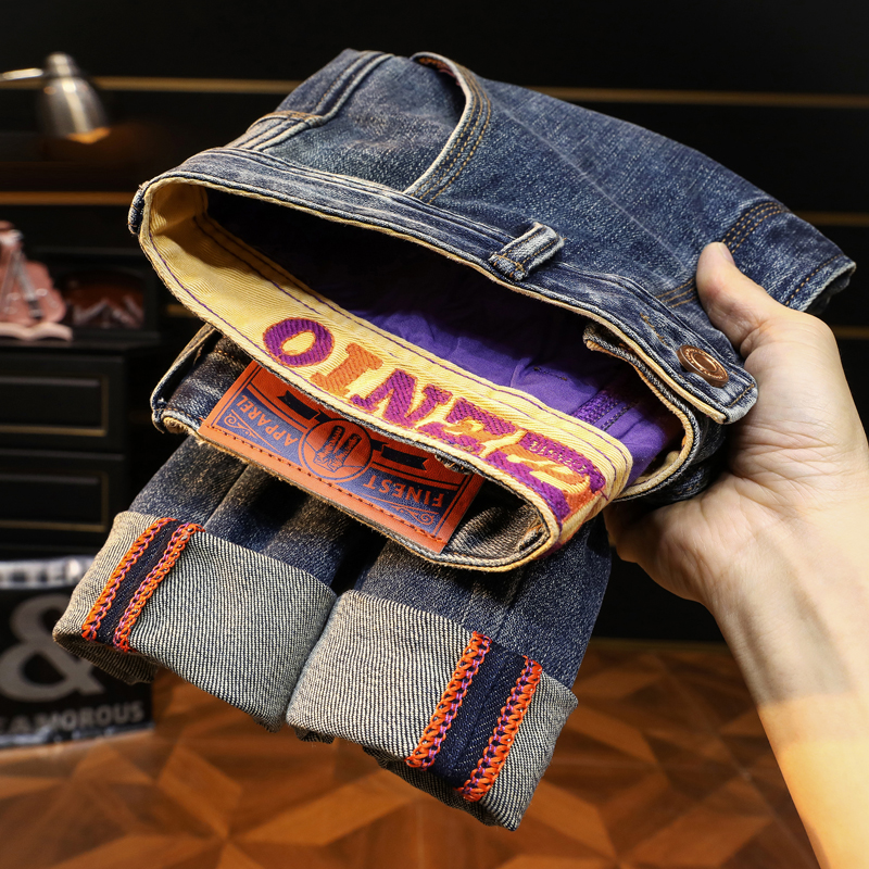 2025年秋冬季高端潮牌刺绣小直筒九分牛仔裤男款弹力百搭修身长裤