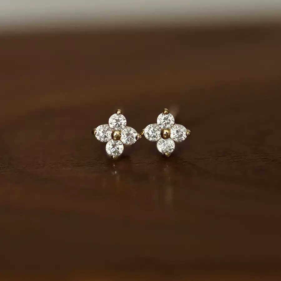 925银合成锆石耳饰 镀金超小mini四叶花纯银耳钉A129百搭小众耳环