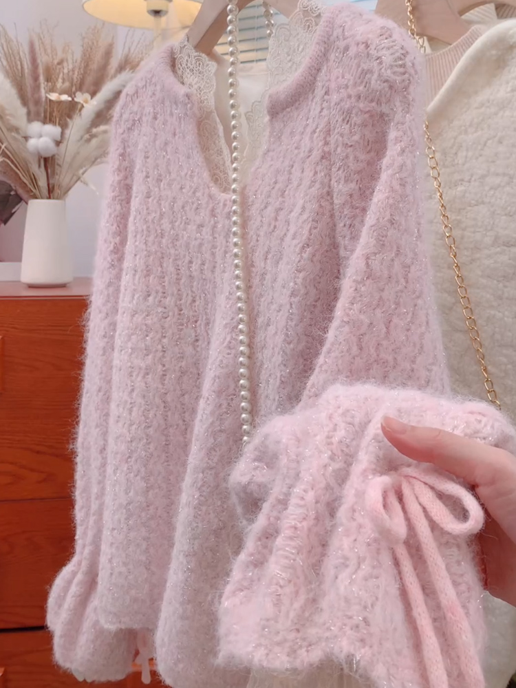 韩系软糯温柔粉紫色V领长袖毛针织衫新款时尚设计感外穿毛衣*910