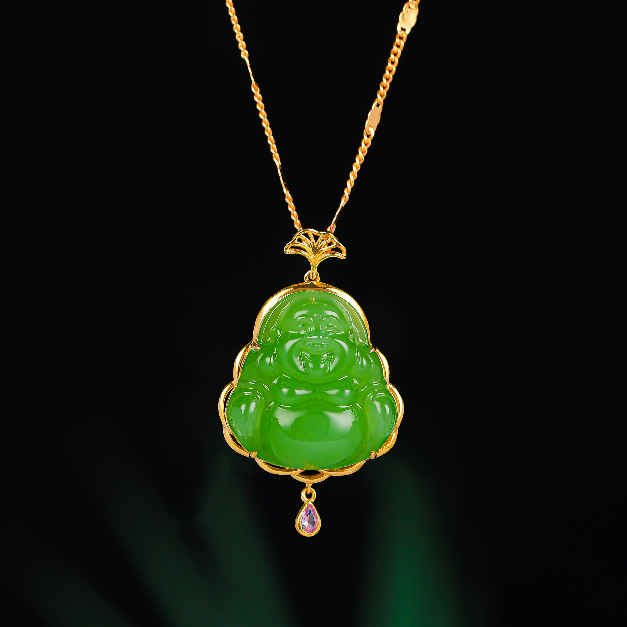 【五周年】18K金银杏镶嵌17*18mm苹果绿佛HNZ13399