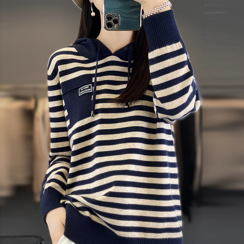 3389纹带帽毛衣女秋冬新款宽松内搭连帽打底长袖针织衫慵懒风