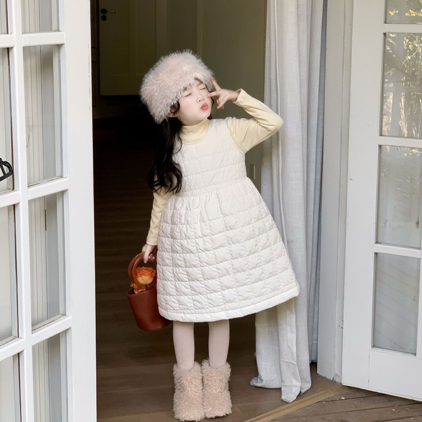 大橙子Studio女童2025冬季款夹棉加厚连衣裙菱格韩版公主裙背心裙