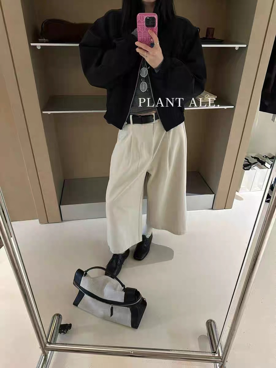 灰灰呀！6819 时髦博主 配腰带 韩系复古设计感高腰磨毛八分休闲裤