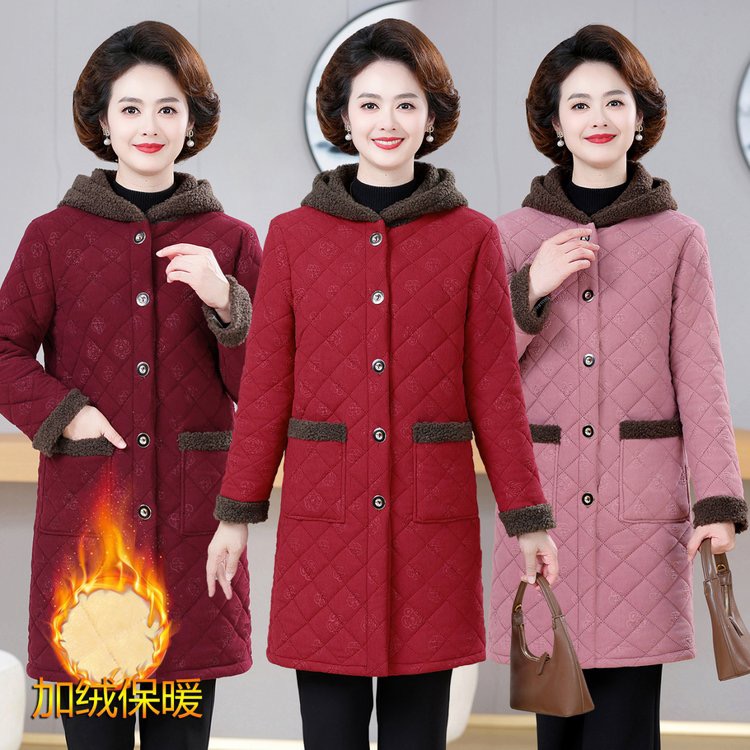 女耐磨加绒加厚款中长款棉衣棉服保暖中老年人中年外套冬季妈妈装