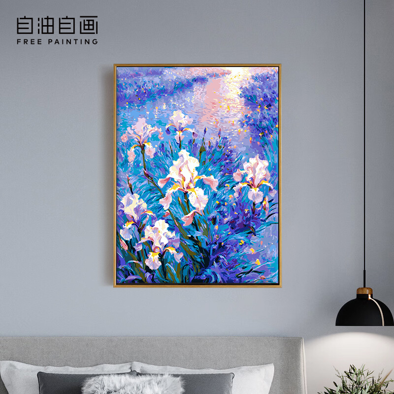厚涂数字油画手绘零基础手工涂色客厅风景油画书房装饰画鸢尾映霞