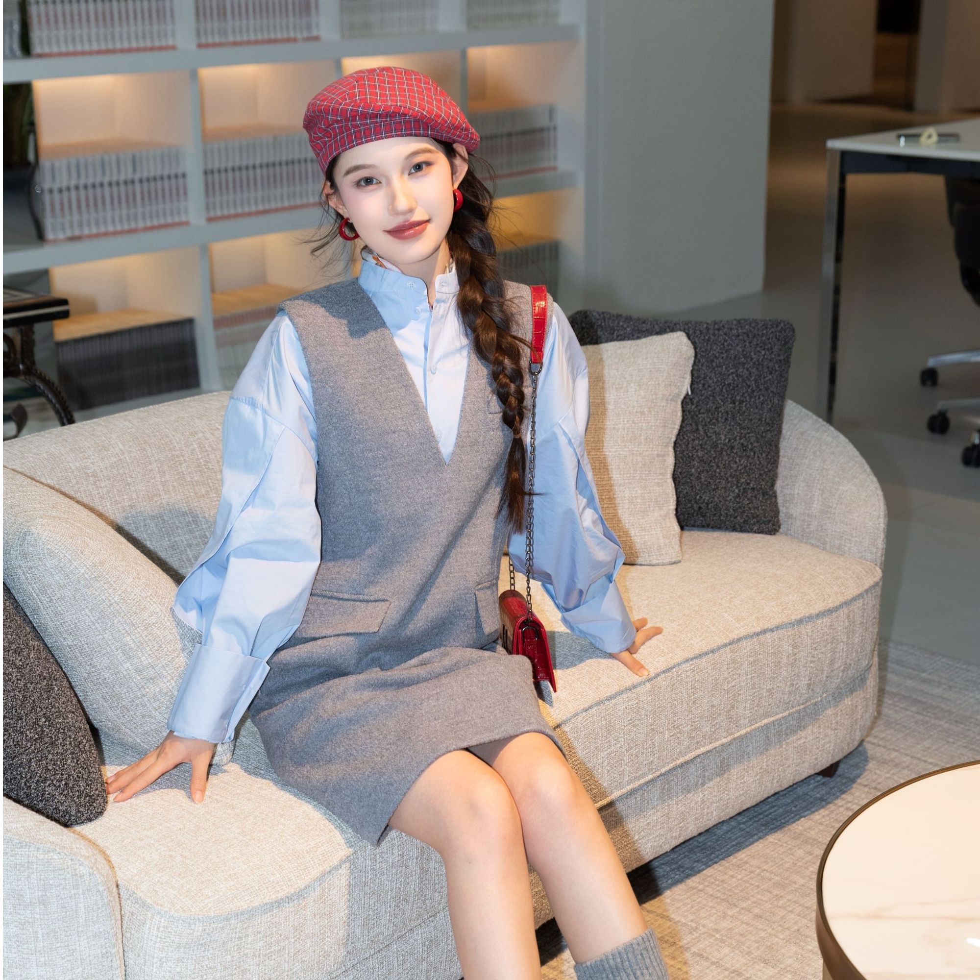 GIRDEAR/哥弟时尚简约小众长袖单排扣百搭国标领宽松衬衫/1300870