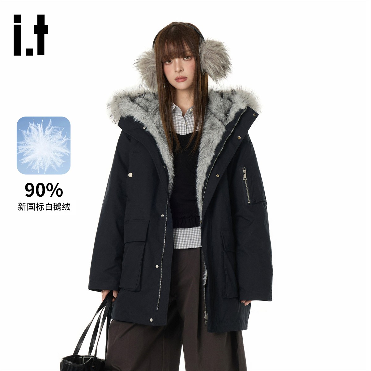 i.t GROUNDZERO情侣款工装风毛领连帽设计90白鹅绒羽绒服#