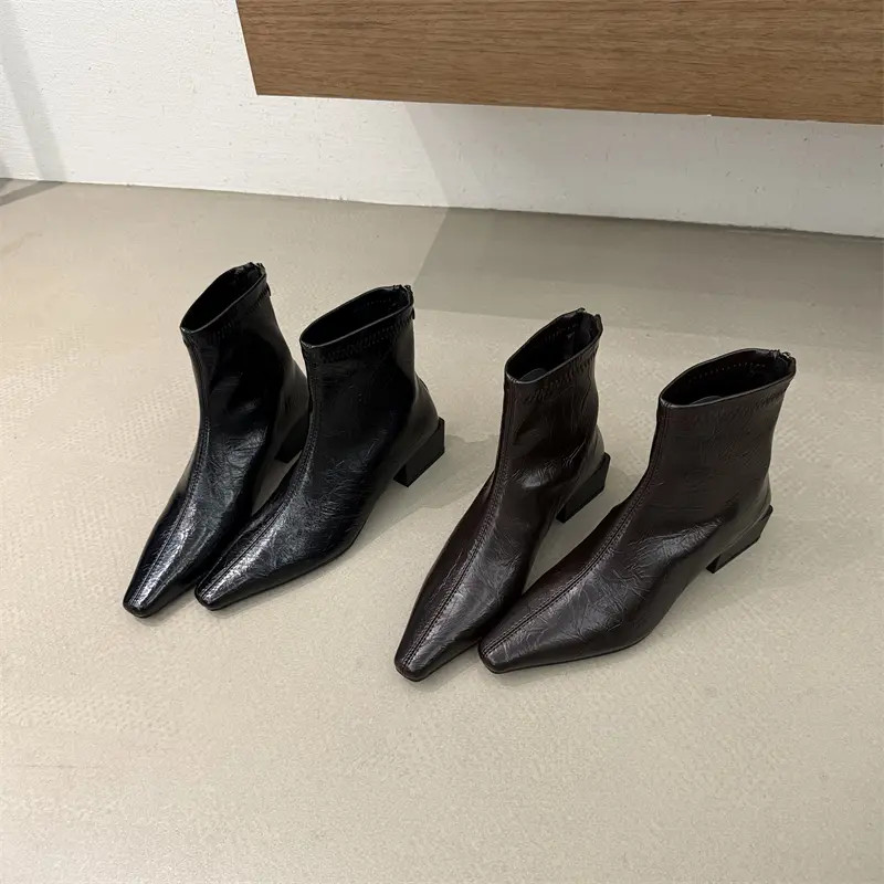 复古小方头粗跟后拉链瘦瘦靴女小短靴2025秋冬新款简约百搭马丁靴