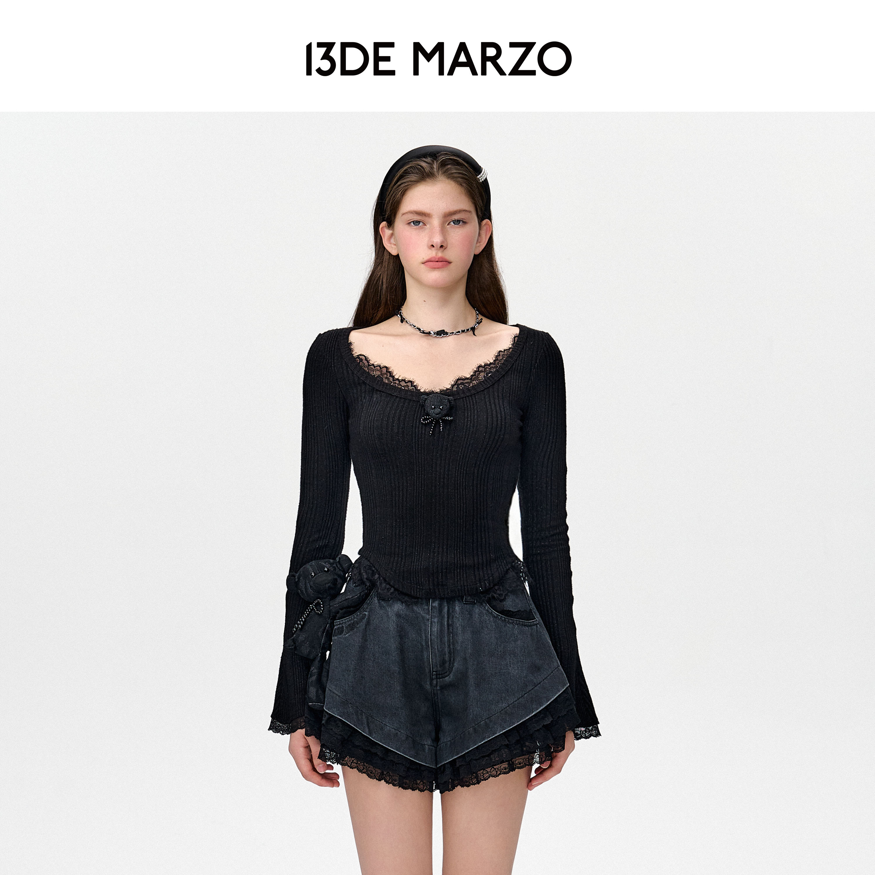 【欧若风】13DE MARZO女士 25春夏新小熊蕾丝长袖打底衫短款修身T恤