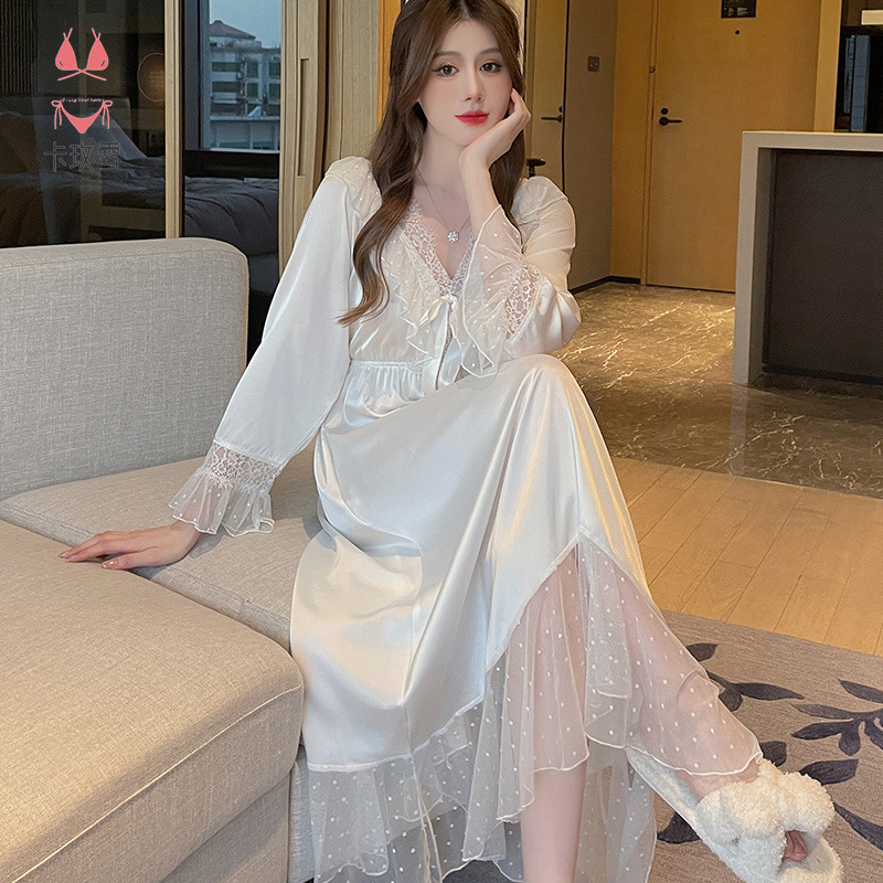 2024年新款冰丝睡裙女夏季性感蕾丝花边甜美宫廷公主风睡衣家居服