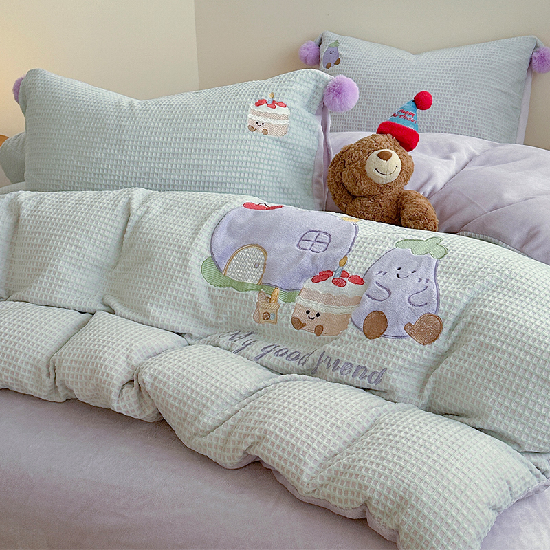 冬季华夫格牛奶绒床上四件套2025新款加厚刺绣珊瑚绒被套床单床品