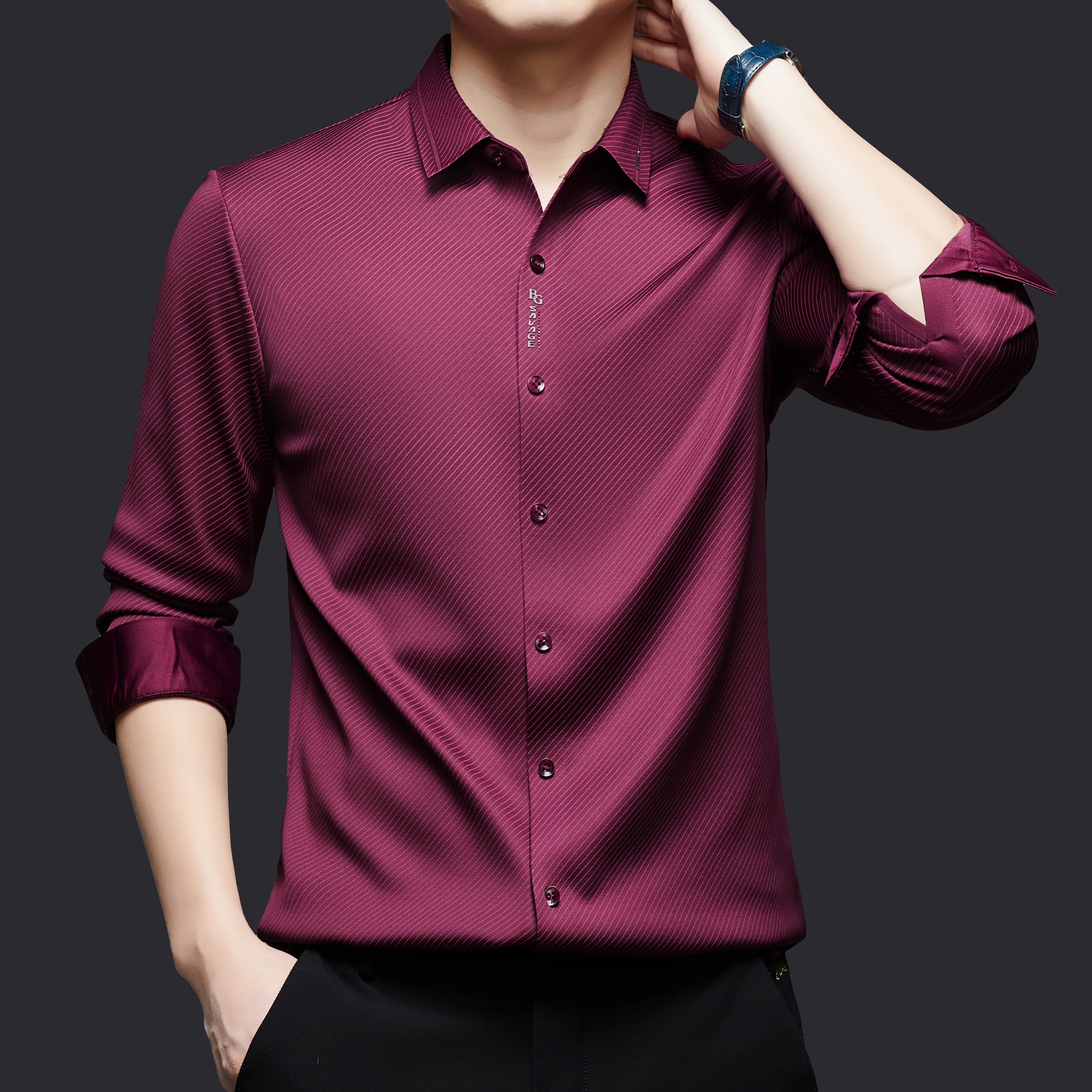 2025男士高档长袖春秋季无痕高弹力衬衫轻奢打底商务休闲时尚衬衣