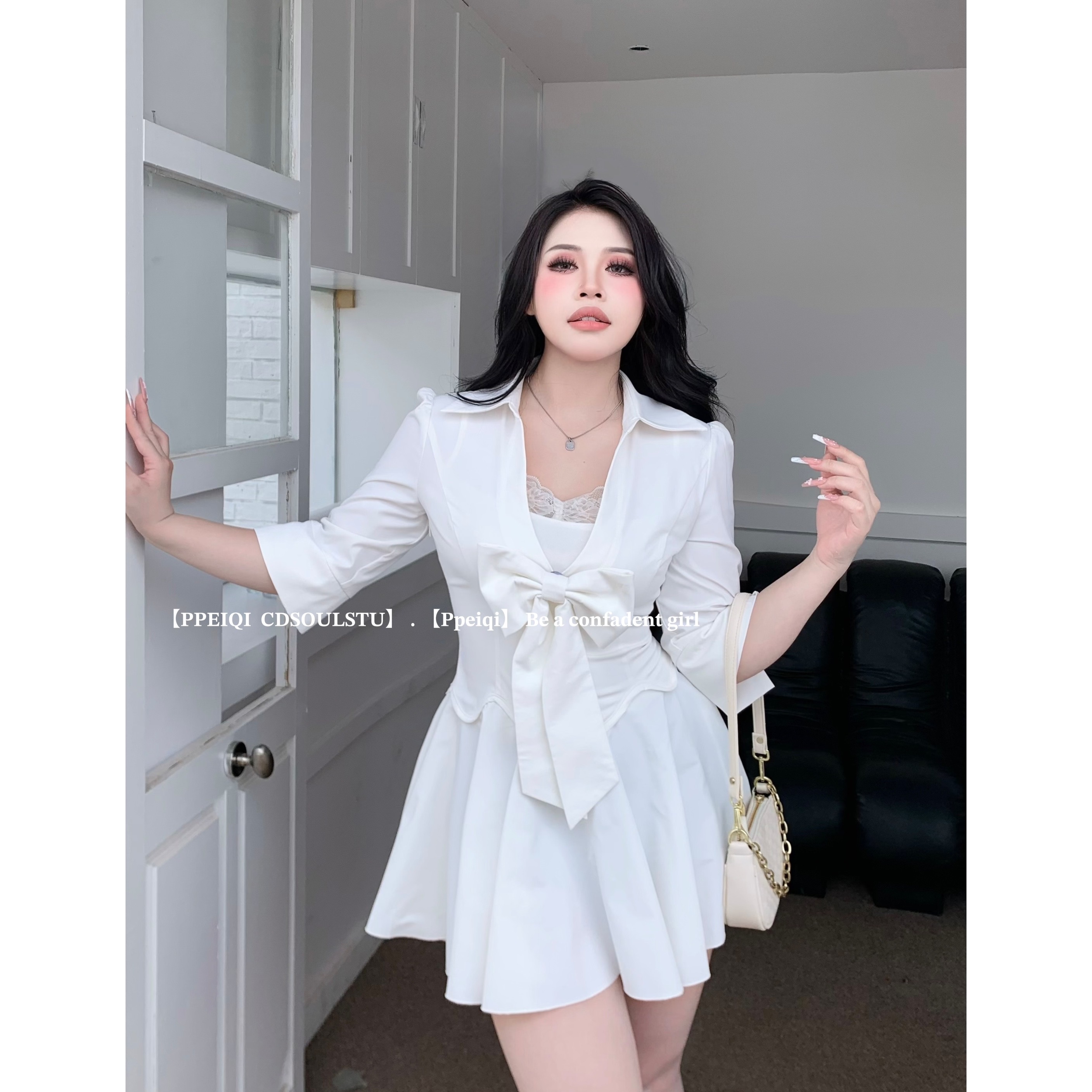 【PPEIQI】"娇欲猎手"微胖夏季纯欲风蝴蝶结深v领连衣裙配吊带短款