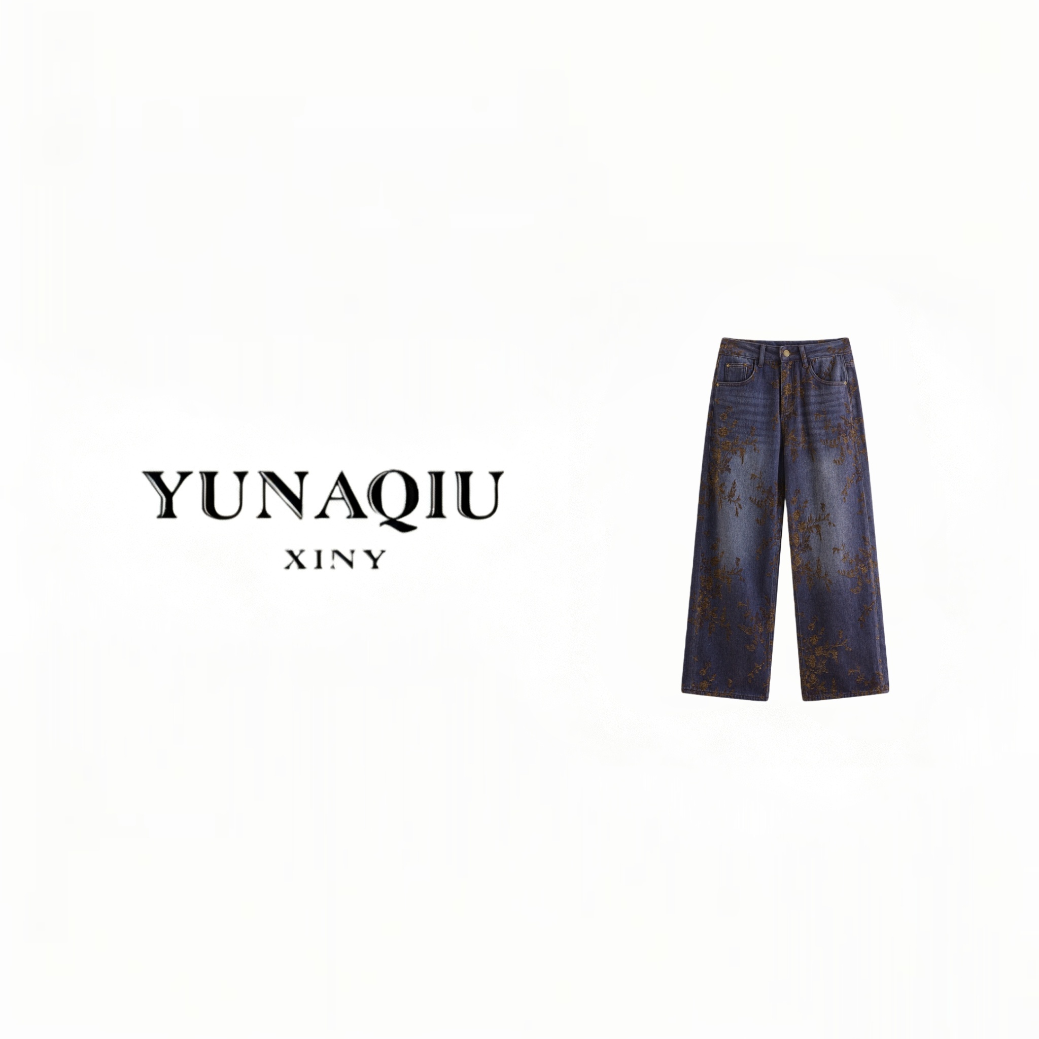 YUNAQIU-复古刺绣提花加厚直筒牛仔裤-11831