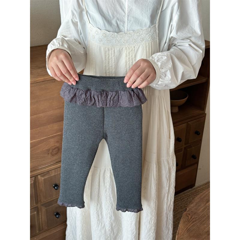 2025秋冬韩版百搭花边坑条纯色加绒保暖女童打底裤