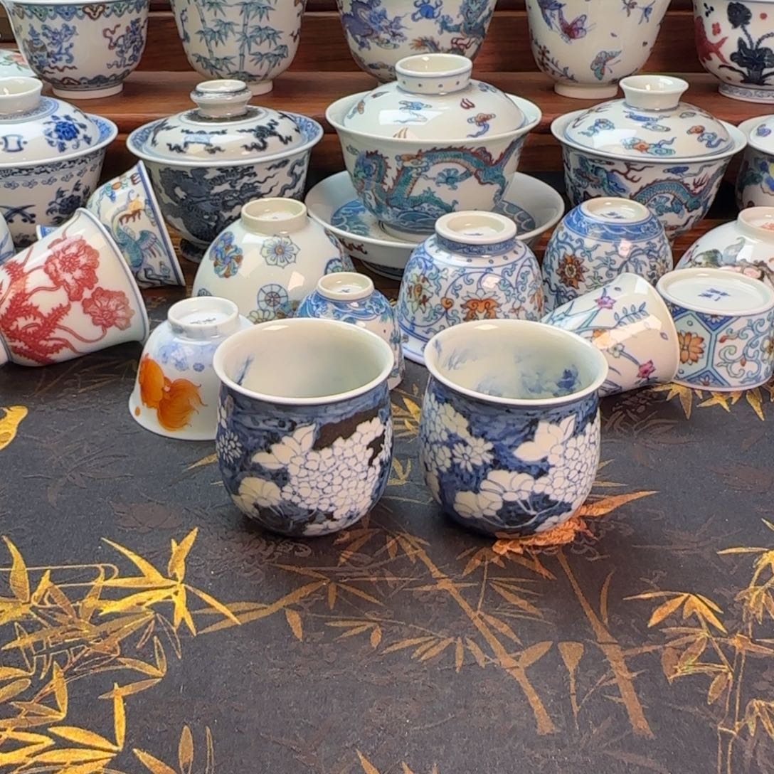 微瑕团花簇锦布袋对杯