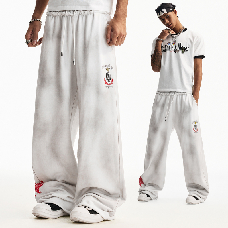 MEDM 腰头反缝毛边做旧印花休闲卫裤潮牌美式抽绳显瘦宽松长裤男