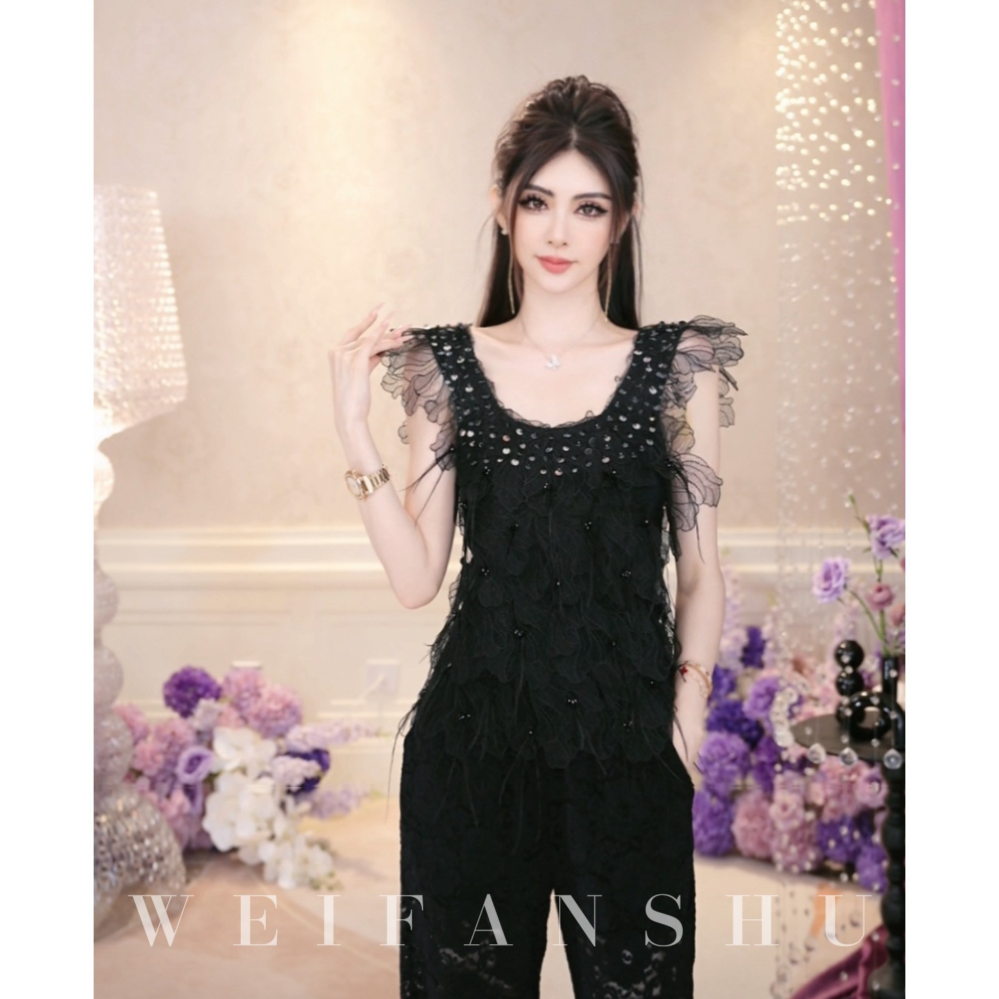 WEIFANSHU/魏凡舒美人花期重工设计感蕾丝钉珠百搭时尚美背背心