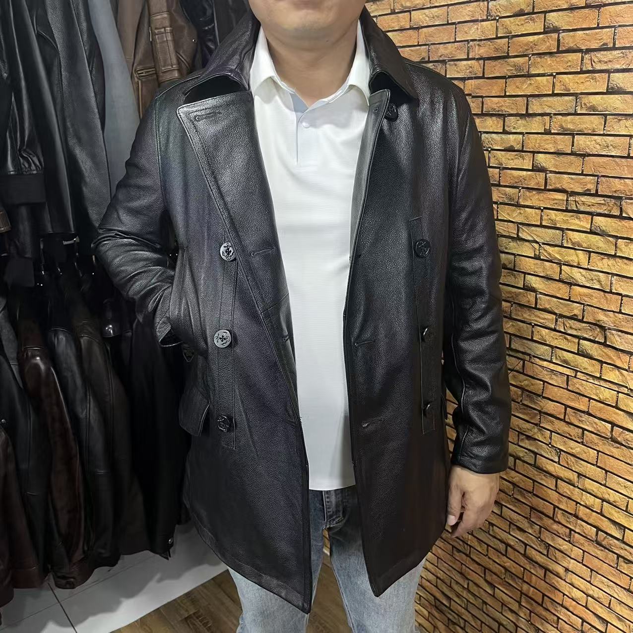 史泰龙同款海军740经典款复古头层牛皮中长款纽扣款皮风衣，