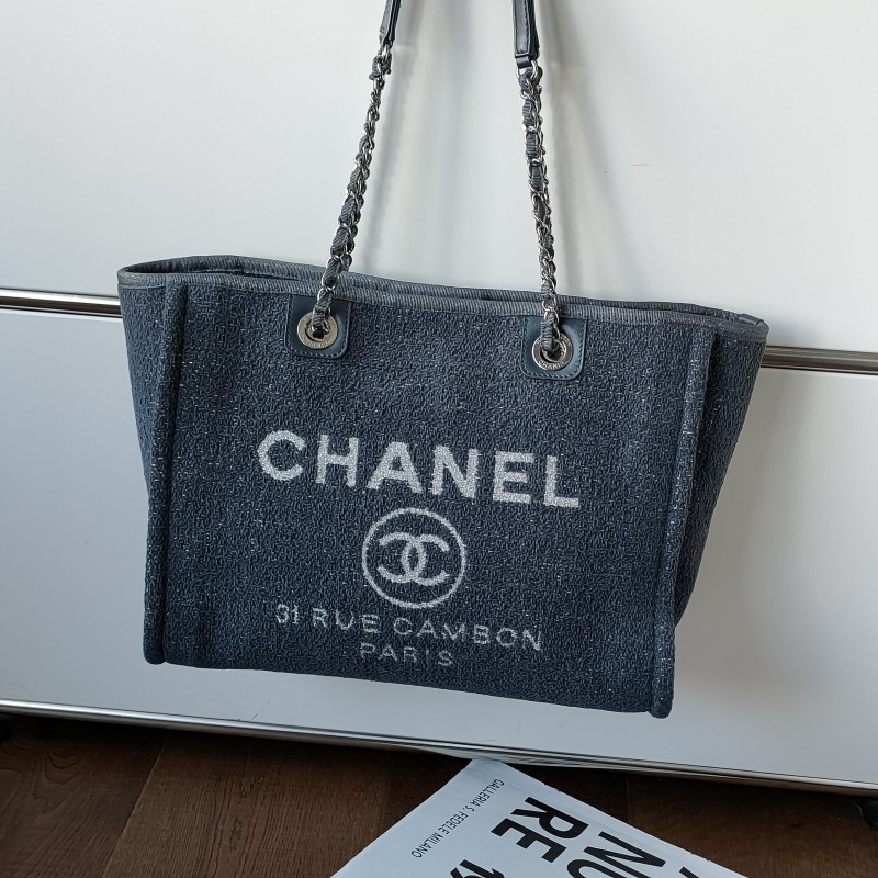 95新 Chanel/香奈儿 蓝灰色银丝编织银链沙滩中号单肩包/53025