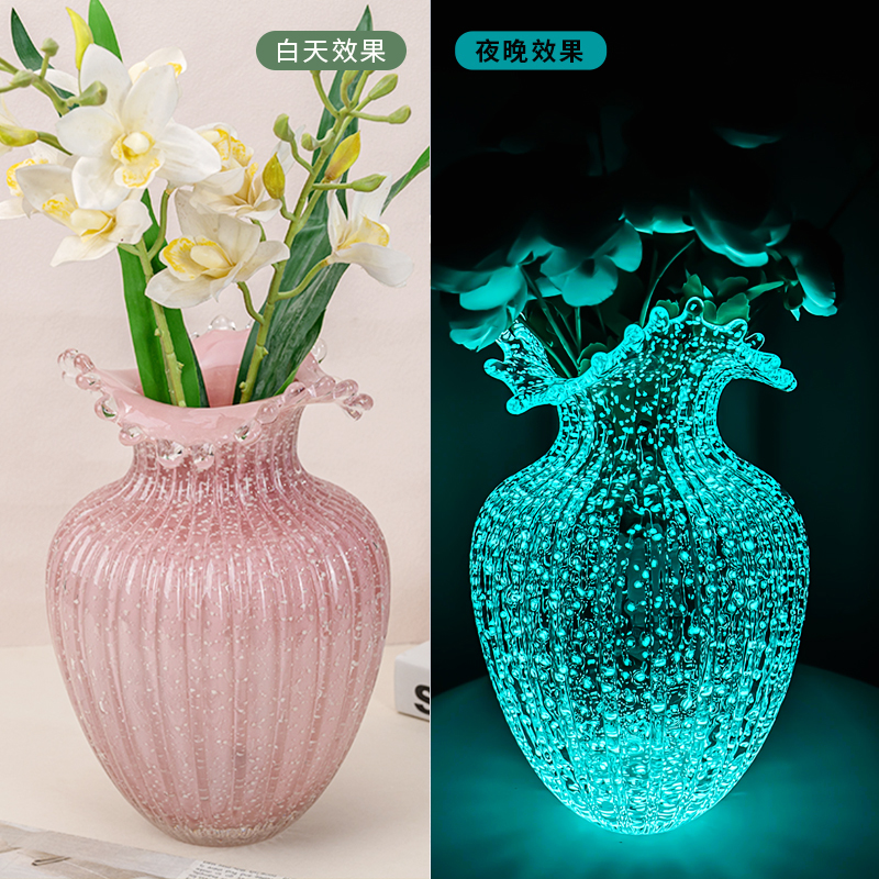 L314 夜光粉色浪花口小众清新风花瓶装饰摆件女生送礼物家居轻奢