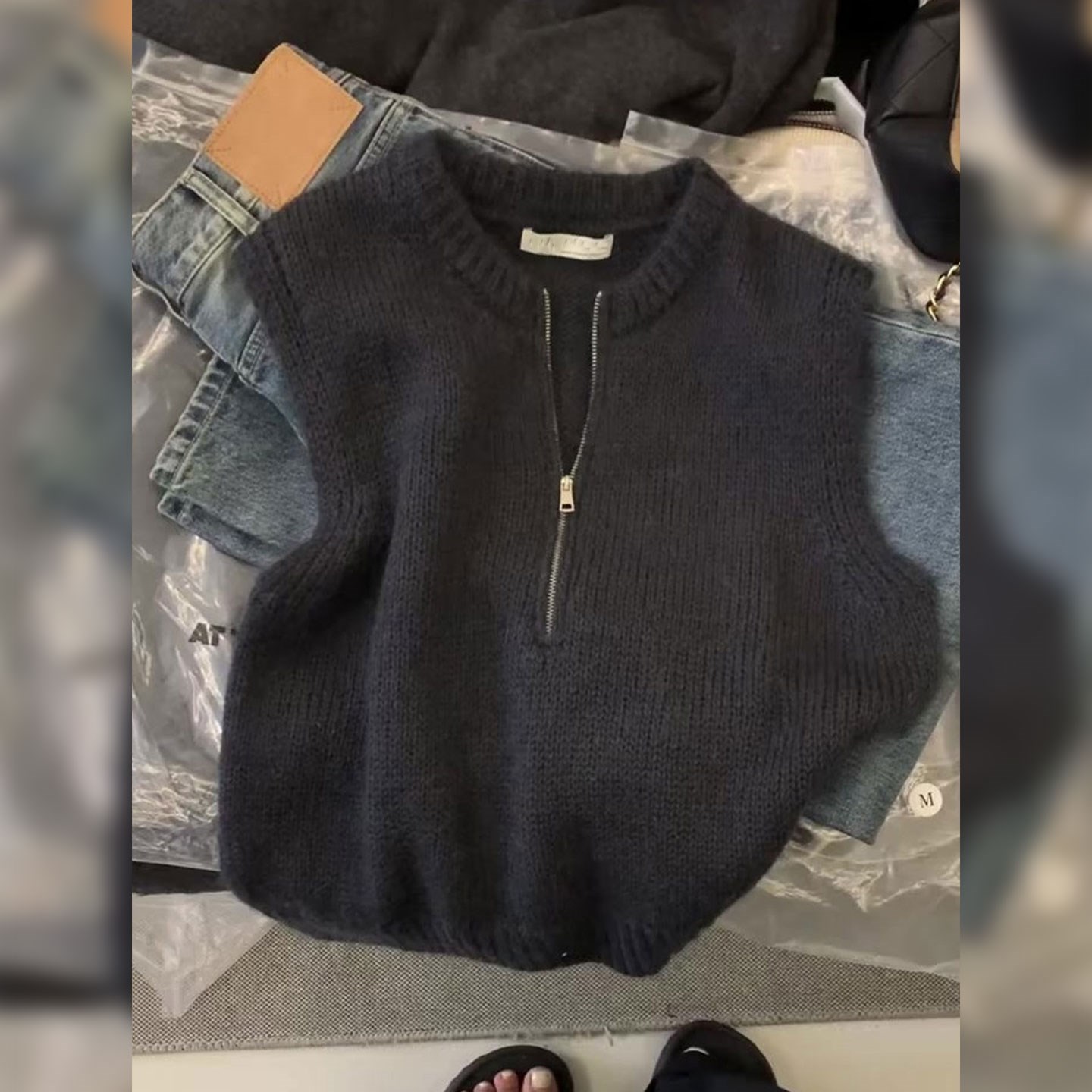 韩系慵懒风复古圆领针织马甲女秋2025新款大码胖mm半拉链显瘦背心