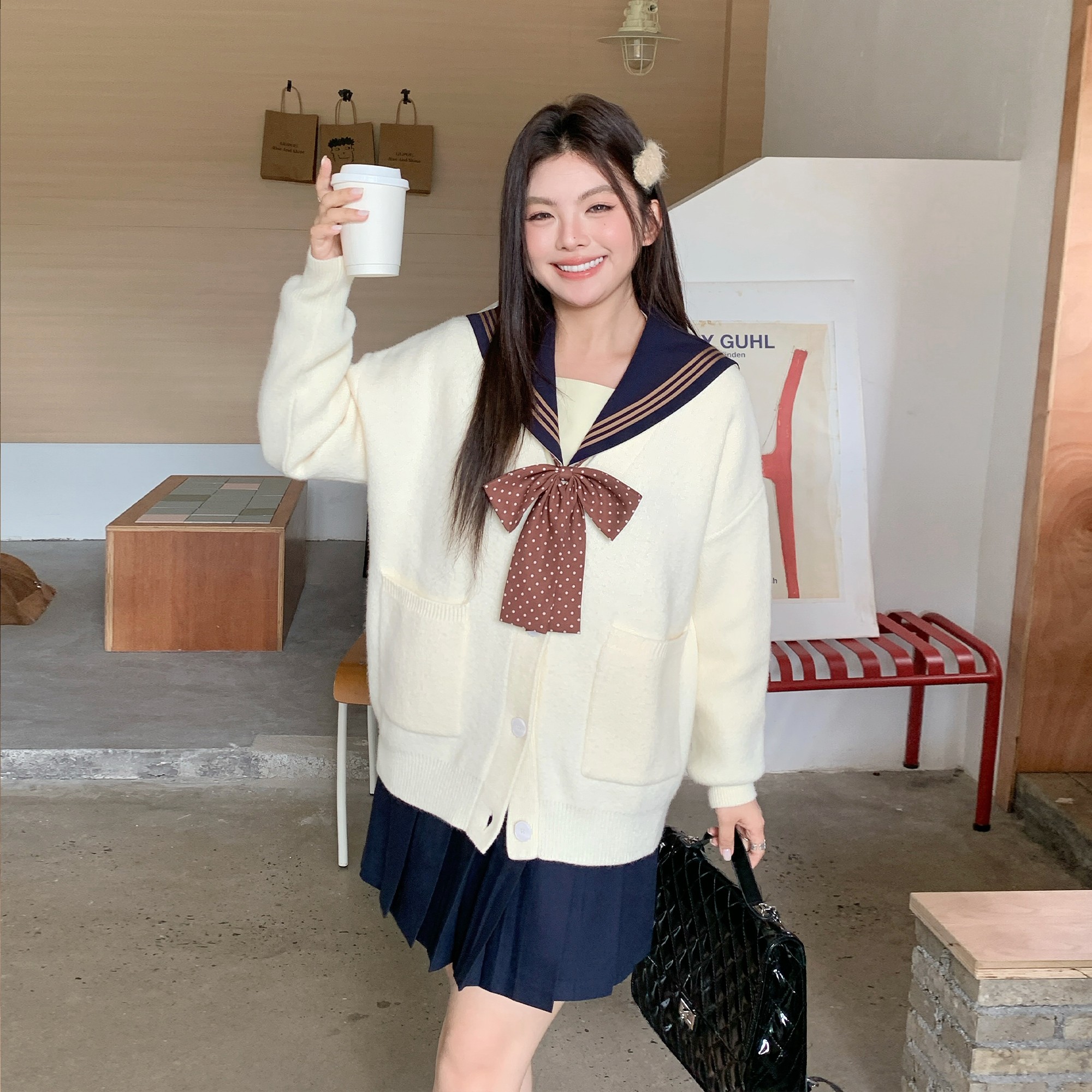 阿车家的大码jk原创胖mm【杏芽中】学院风毛茸茸针织开衫毛衣外套