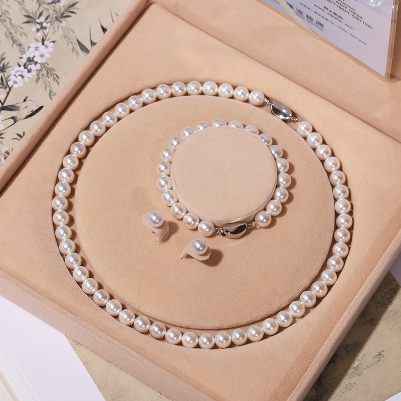 8mm三件套极光白妈妈链项链+手链+耳钉+礼盒