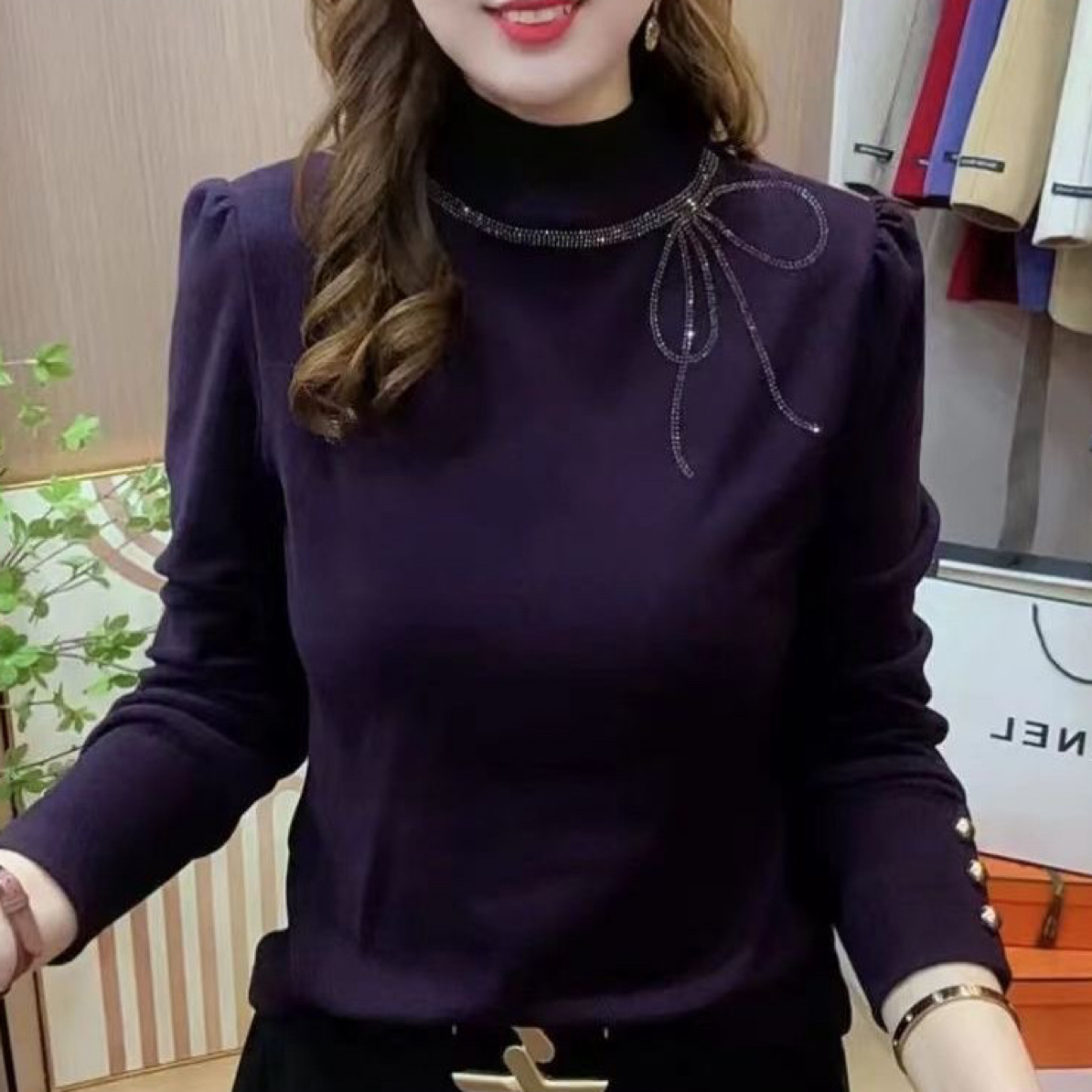 双面德绒保暖半高领蝴蝶结烫钻纯色打底上衣洋气休闲减龄百搭小衫