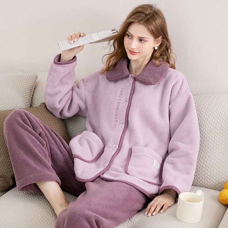 芬腾【双面暖绒防静电】310g秋冬翻领长袖仿羊羔绒睡衣女J98441189