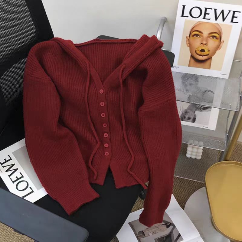 1109温柔风小个子连帽针织衫女秋季新款宽松显瘦休闲开衫上衣短款