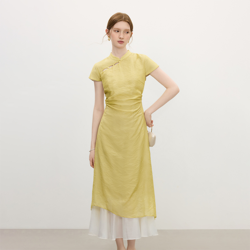 范思蓝恩扶柳烟绿新中式旗袍夏装假两件拼接肌理感裙子25FS12754.