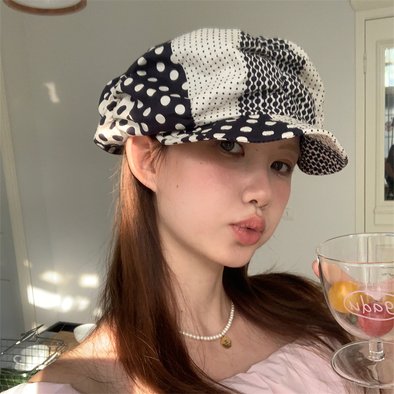 【艺术感波点】日系小众复古黑白波点拼接八角帽软帽檐显脸小帽子