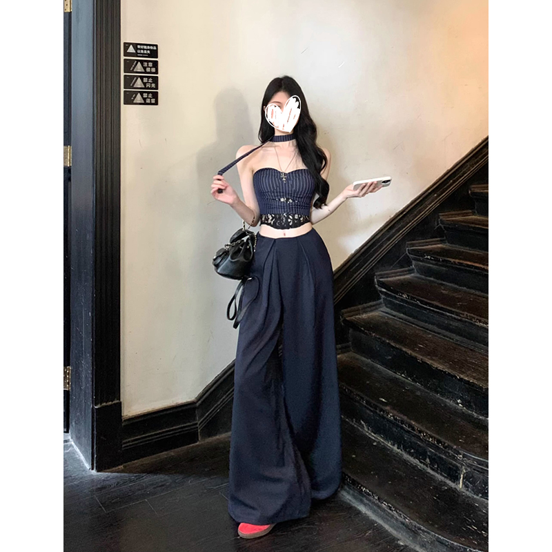 蓝色蕾丝拼接吊带抹胸女夏季修身设计感上衣宽松阔腿裤长裤两件套