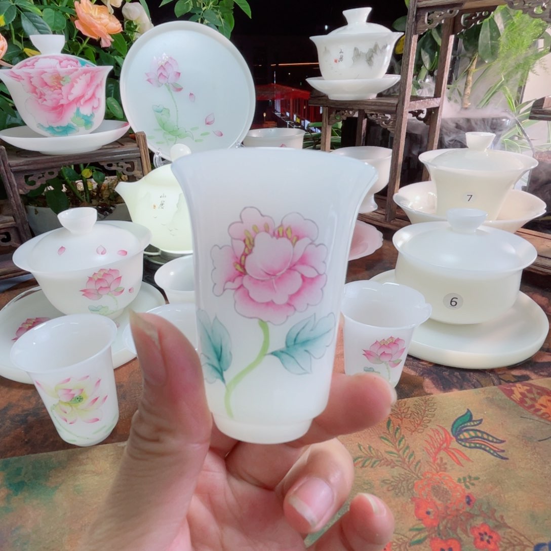 冰晶璞玉手绘牡丹闻香杯
