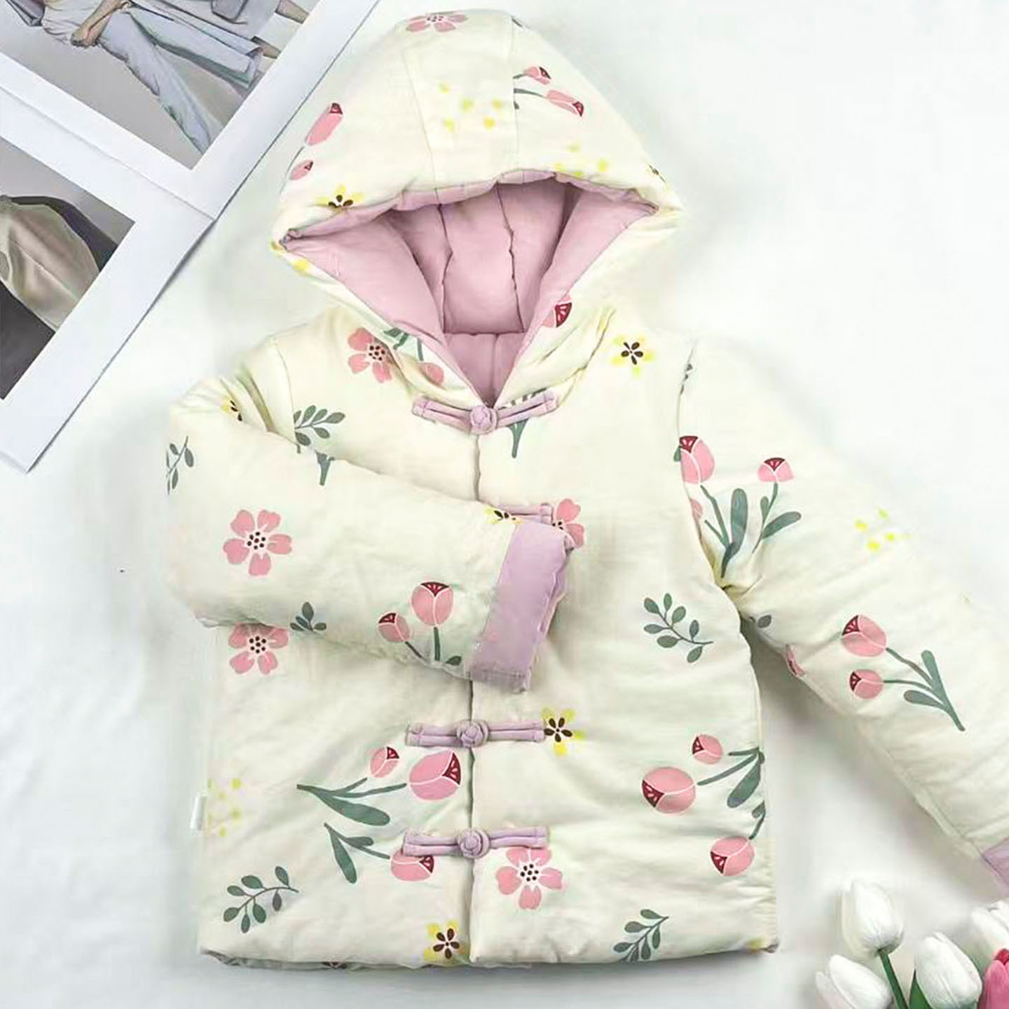 新款儿童手工棉袄加厚保暖纯棉棉衣碎花盘扣立领棉服宽松连帽外套