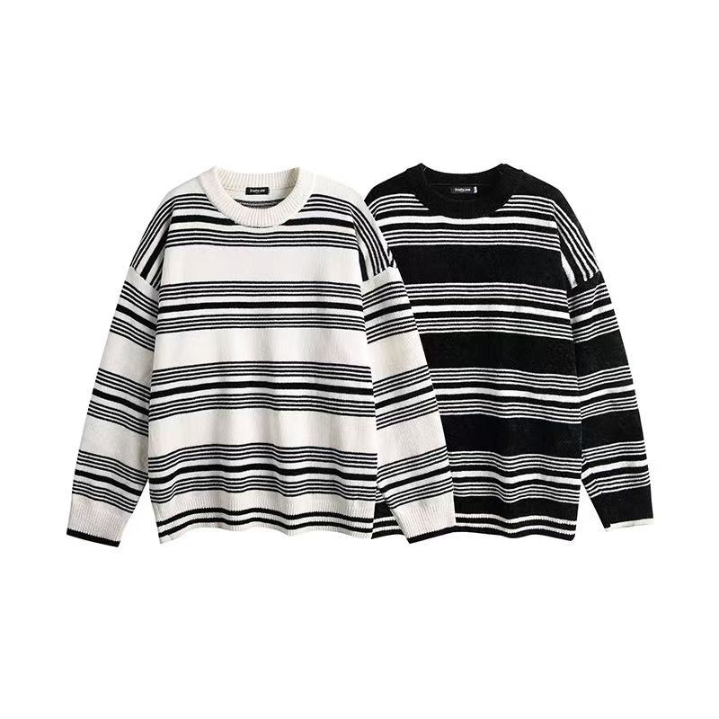 秋冬雪尼尔条纹休闲宽松慵懒针织圆领毛衣-8817