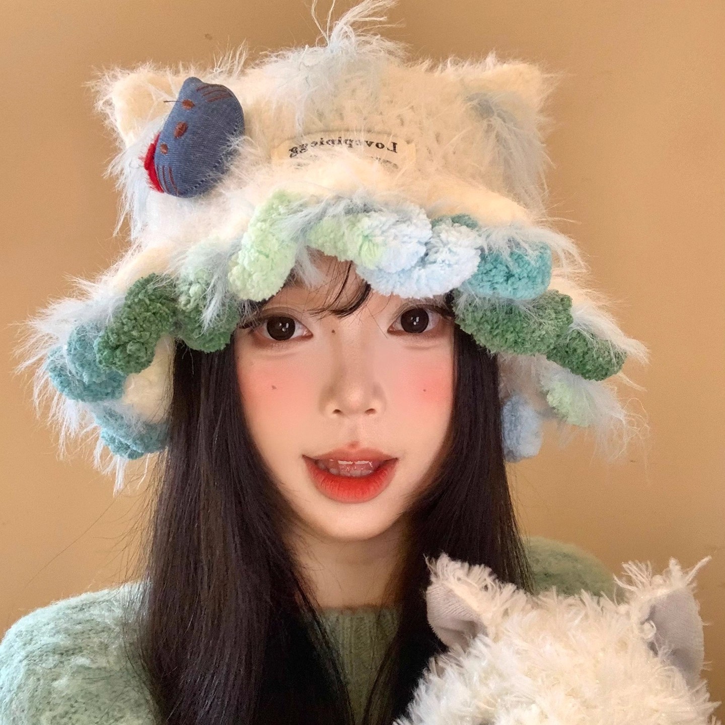 【礼响】可爱Kitty猫耳朵毛绒针织帽女显脸小毛线帽大头围保暖帽子