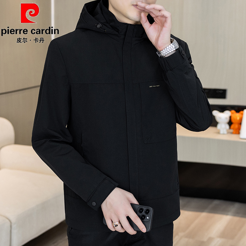 皮尔卡丹连帽外套男春秋休闲工装外套男装上衣中青年纯色百搭夹克