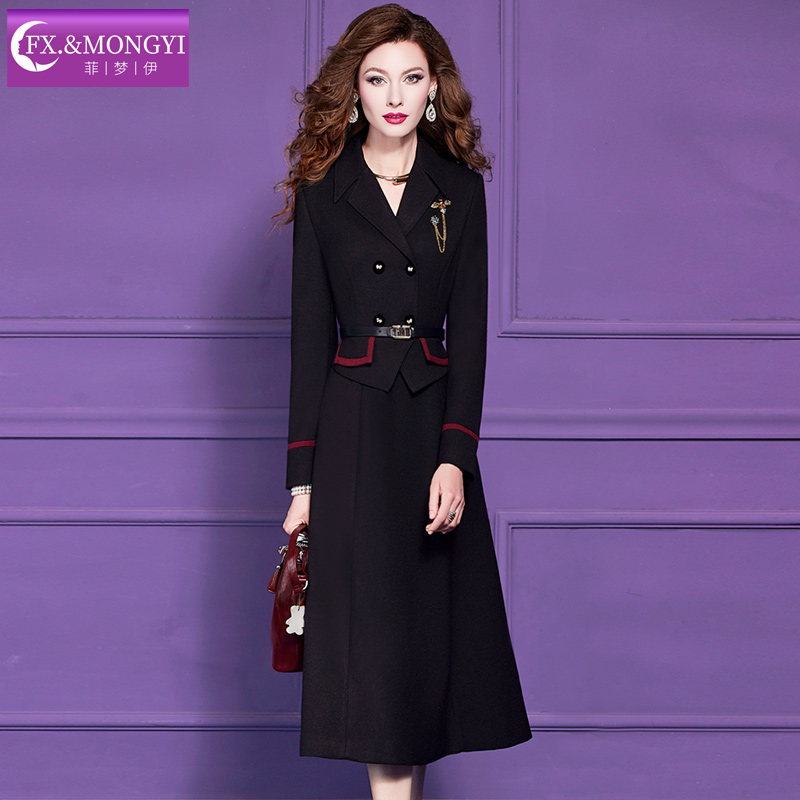 菲梦伊黑色收腰修身名媛气质原创秋冬新款时尚连衣裙68708